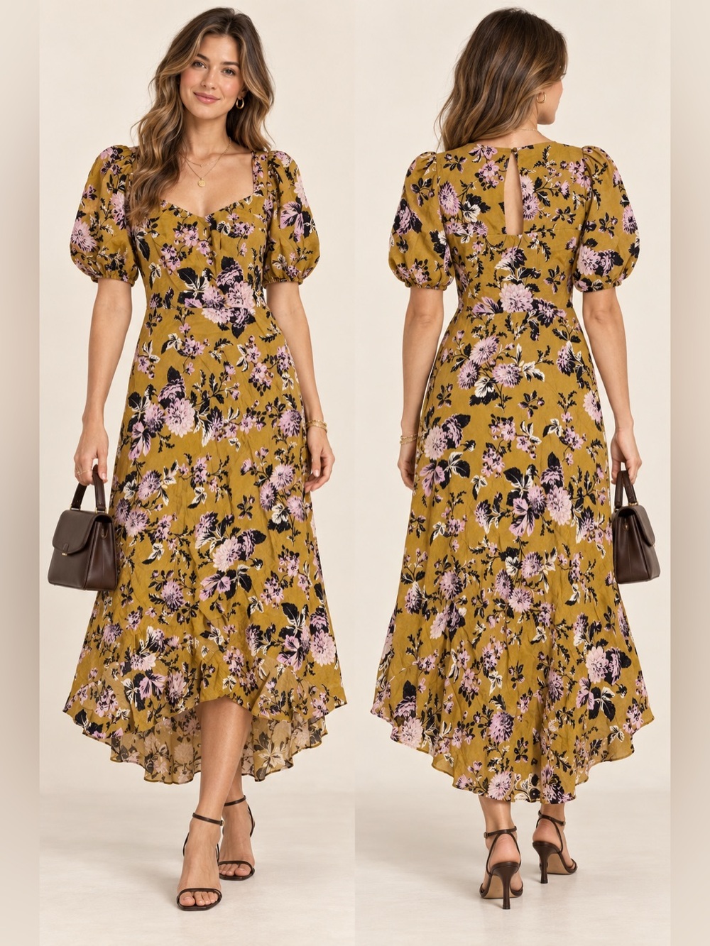 Maeve Anthropologie Floral Puff Sleeve High-Low Midi Dress Size 4